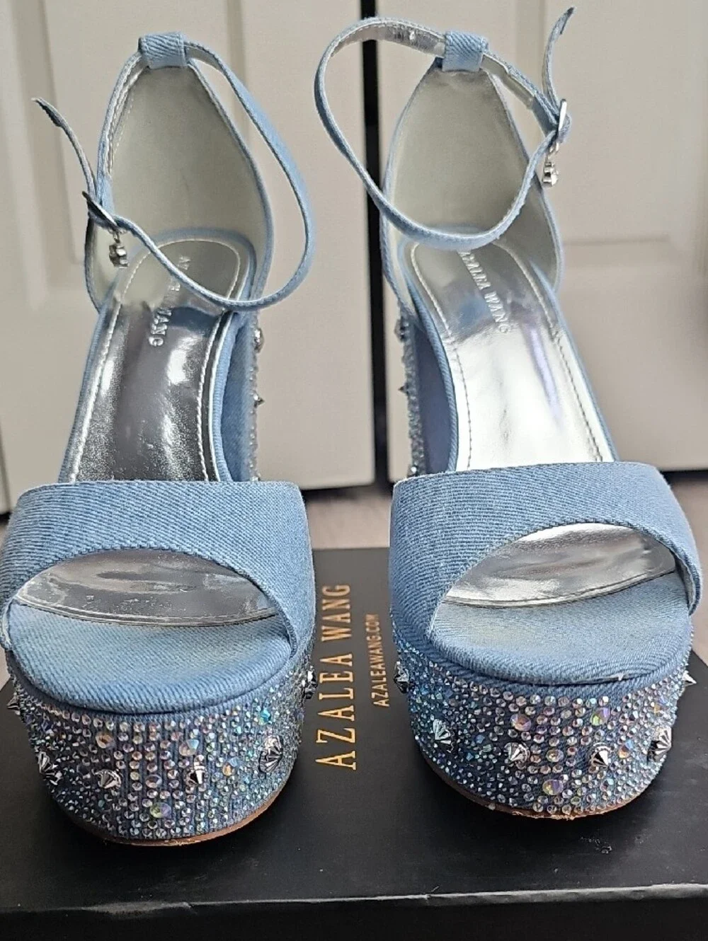 Light Blue Platform Ankle-Strap High Heels with Rhinestone Embellishment
